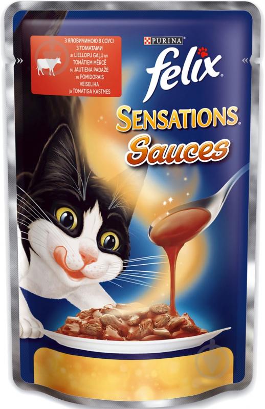 Корм Felix Sensations с говядиной и томатами в соусе 100 г - фото 1 Корм Felix Sensations с говядиной и томатами в соусе 100 г - фото 1