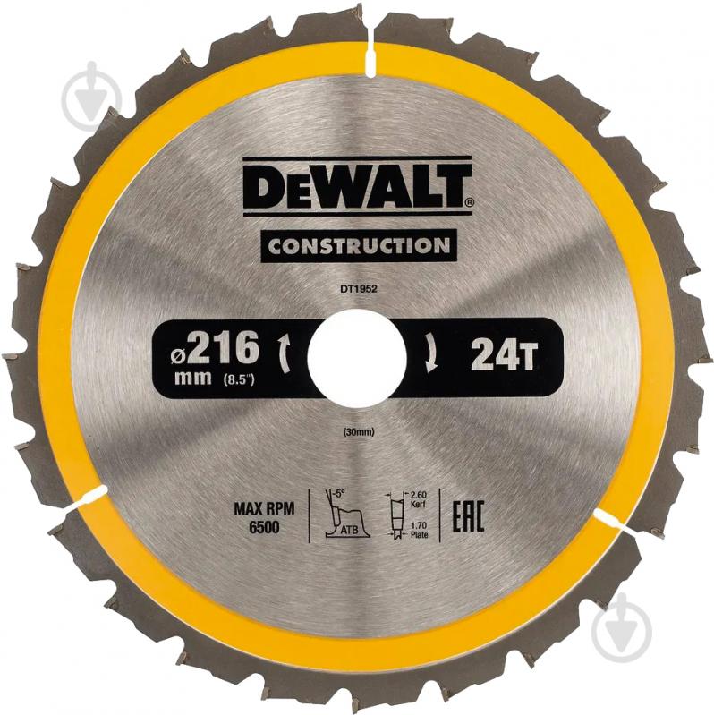 Пиляльний диск DeWalt Construction 216x30x1,7 Z24 DT1952 - фото 1