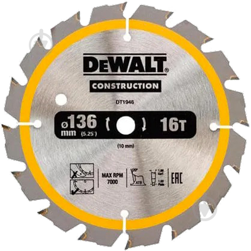 Пильный диск DeWalt Construction 136x30x1,7 Z16 DT1946 - фото 1