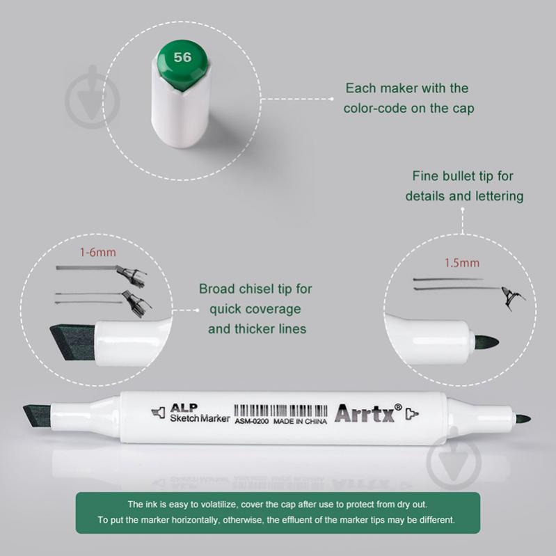 Набір маркерів Arrtx спиртових Alp ASM-02GN 24 кольору зелені відтінки зелений LC302246 - фото 6