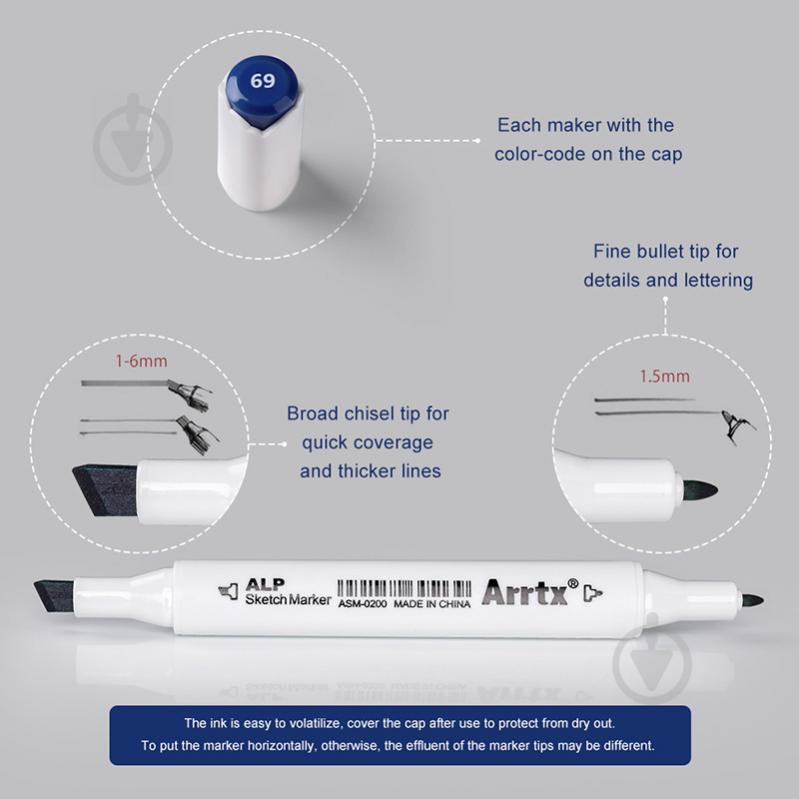 Набір маркерів Arrtx спиртових Alp ASM-02BU 24 кольору сині відтінки LC302215 - фото 6