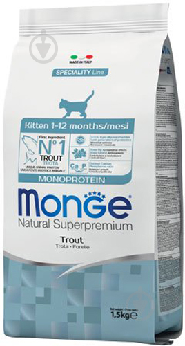 Корм сухой для котов Monge monoprotein kitten с форелью 1,5 кг - фото 1