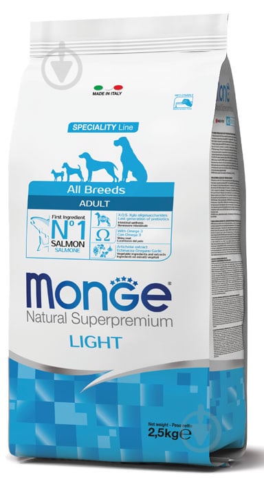 Корм сухий Monge all breeds adult light 2,5 кг з лососем - фото 1