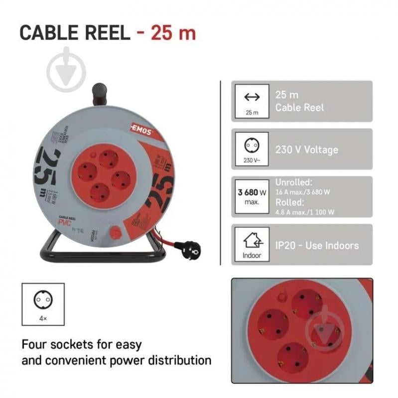 Подовжувач на котушці Emos 2,5 мм² 16A 3600 Вт гума із заземленням 4 гн. червоний 25 м P09225M - фото 3