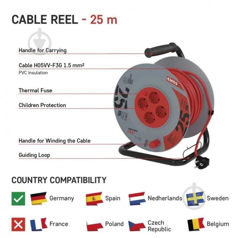 Подовжувач на котушці Emos 2,5 мм² 16A 3600 Вт гума із заземленням 4 гн. червоний 25 м P09225M - фото 5