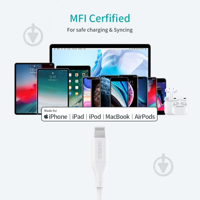 Кабель Choetech MFI, USB 2.0 Power Delivery (PD), USB-C/Lightning 1 м white (IP0040-WH) - фото 5