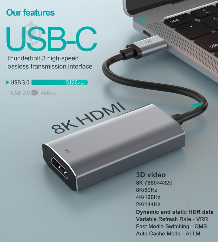 Адаптер Choetech USB-C на HDMI, 8К 60 Гц 0,11 м grey (HUB-H16-GY) - фото 4