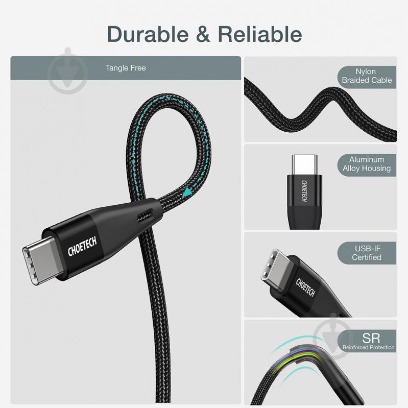 Кабель Choetech USB 2.0 USB Type-C, 60 ватт 2 м black (XCC-1004-BK) - фото 6 Кабель Choetech USB 2.0 USB Type-C, 60 ватт 2 м black (XCC-1004-BK) - фото 6