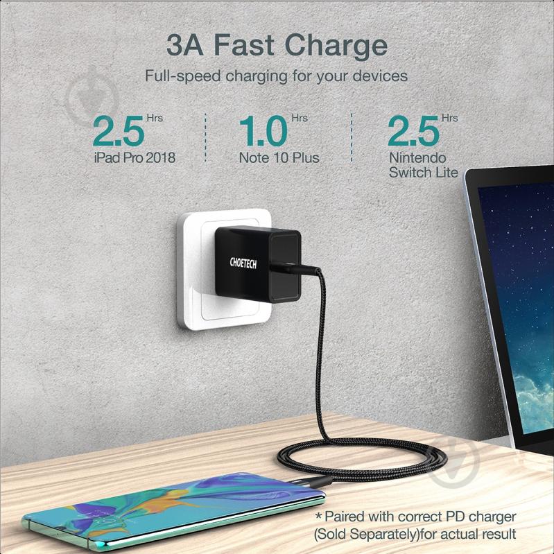 Кабель Choetech USB 2.0 USB Type-C, 60 ватт 2 м black (XCC-1004-BK) - фото 5 Кабель Choetech USB 2.0 USB Type-C, 60 ватт 2 м black (XCC-1004-BK) - фото 5