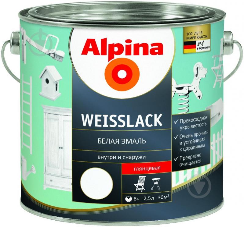 Емаль Alpina алкідна Weisslack GL білий глянець 2,5 л - фото 2