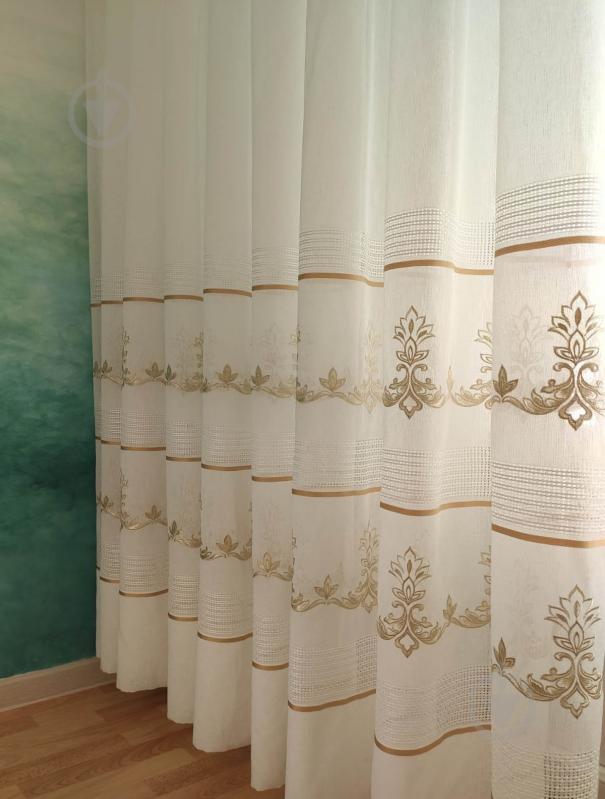 Тюль Неаполь із золотою смужкою вишивка на льоні 400x275 білий Декор-ін - фото 2