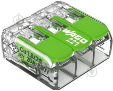 Клема швидкого монтажу на 3 провідника з важелями WAGO 221-423 0,2-4 мм² Green Range зелений 22-2623У-W - фото 1 Клема швидкого монтажу на 3 провідника з важелями WAGO 221-423 0,2-4 мм² Green Range зелений 22-2623У-W - фото 1