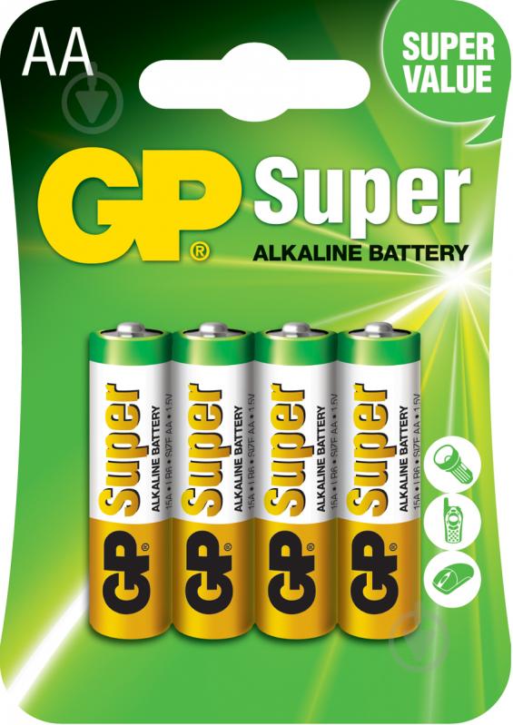 Батарейки GP Super Alkaline 1.5V 15A-U4 AA (R6, 316) 4 шт. - фото 1