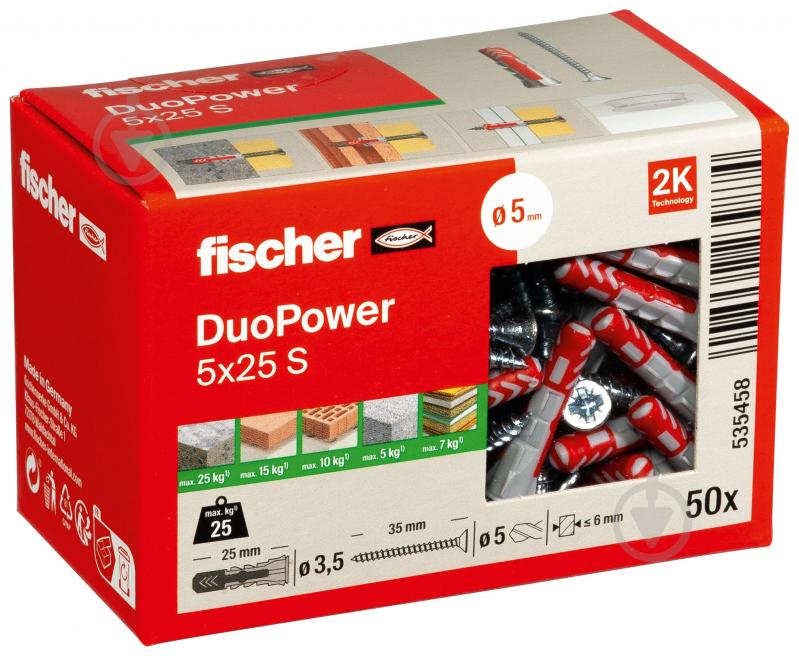 Дюбель универсальный DUOPOWER с шурупом fischer 5x25 мм 50 шт. (535458) - фото 2 Дюбель универсальный DUOPOWER с шурупом fischer 5x25 мм 50 шт. (535458) - фото 2