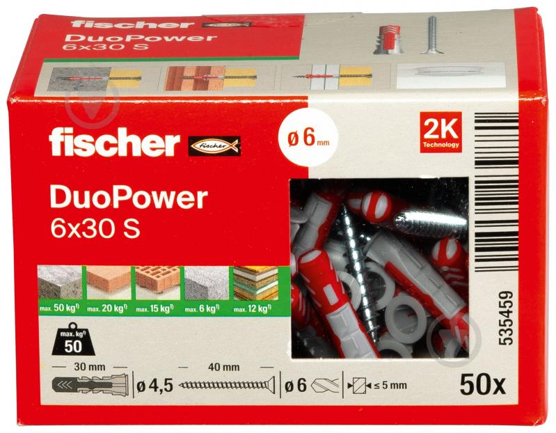 Дюбель универсальный DUOPOWER с шурупом fischer 6x30 мм 50 шт. (535459) - фото 2 Дюбель универсальный DUOPOWER с шурупом fischer 6x30 мм 50 шт. (535459) - фото 2