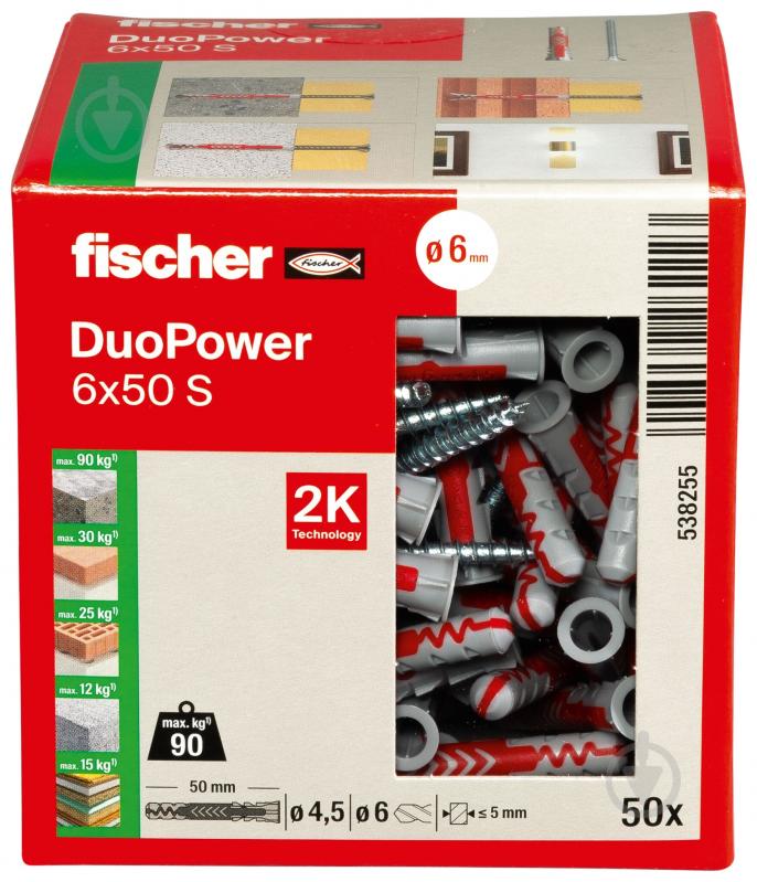 Дюбель універсальний DUOPOWER з шурупом fischer 6x50 мм 50 шт. (538255) - фото 2 Дюбель універсальний DUOPOWER з шурупом fischer 6x50 мм 50 шт. (538255) - фото 2