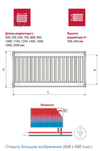 Радиатор стальной Hi-Therm 22 500x1100 бічне підключення - фото 2