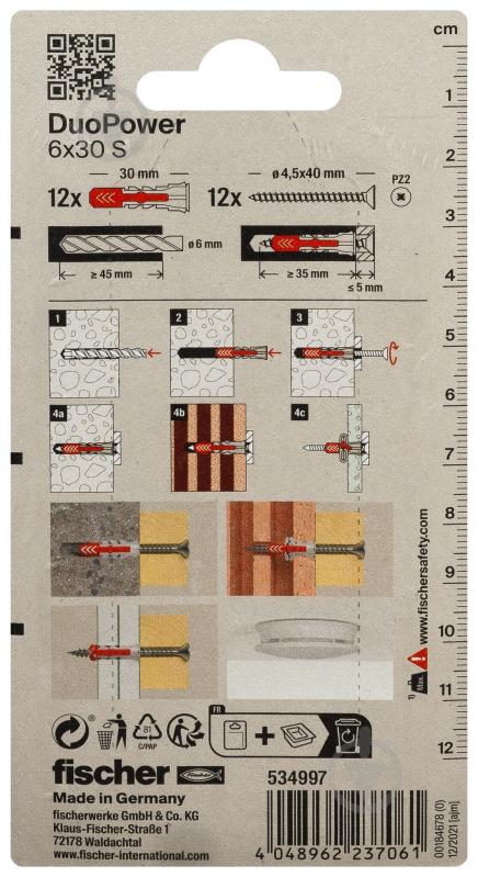 Дюбель універсальний з шурупом DUOPOWER S K NV fischer 6x30 мм 12 шт. (534997) - фото 3 Дюбель універсальний з шурупом DUOPOWER S K NV fischer 6x30 мм 12 шт. (534997) - фото 3