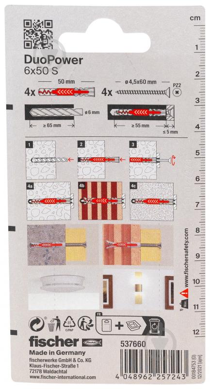 Дюбель універсальний з шурупом DUOPOWER S K NV fischer 6x50 мм 4 шт. (537660) - фото 3