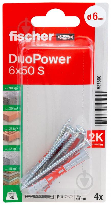 Дюбель універсальний з шурупом DUOPOWER S K NV fischer 6x50 мм 4 шт. (537660) - фото 2
