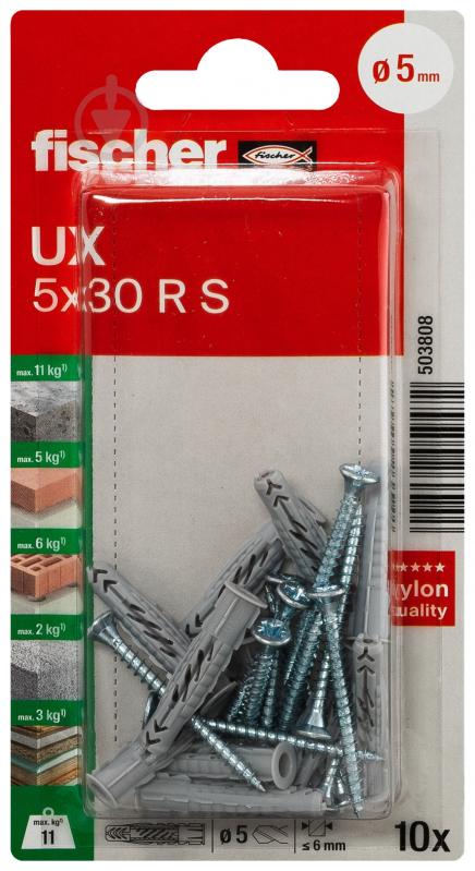 Дюбель універсальний UX з буртом і з шурупом fischer 5x30 мм 10 шт. (503808) - фото 1 Дюбель універсальний UX з буртом і з шурупом fischer 5x30 мм 10 шт. (503808) - фото 1