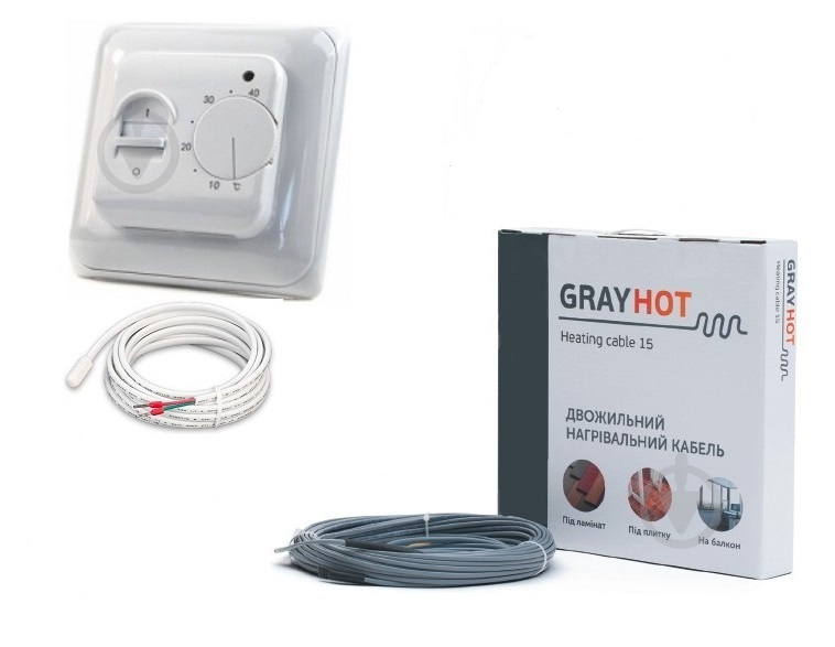 Нагрівальний кабель GrayHot 15, 92 Вт, 6 м + Терморегулятор In-Therm аналоговий для теплої підлоги RTC 70 - фото 1