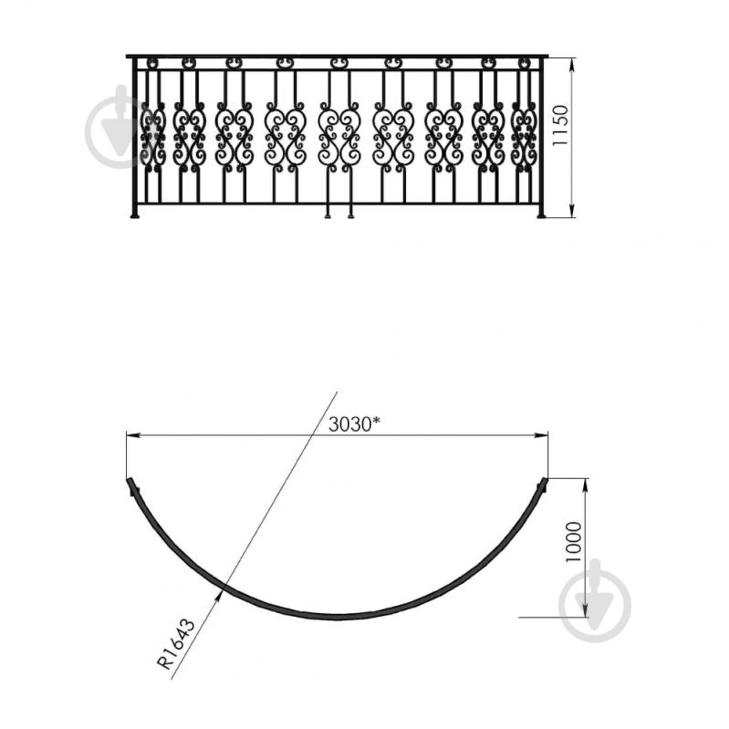 Кована балконна огорожа БО-23 3030х1150х1000 R-1643 мм - фото 2