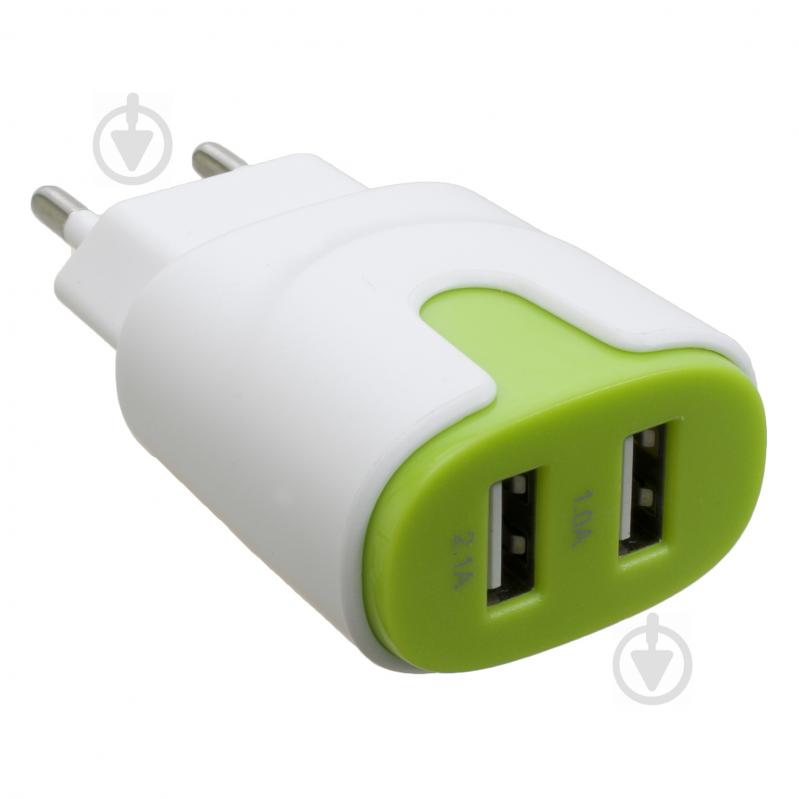 Мережевий зарядний пристрій Patron 2 x USB 2.0 2A/1A White-Green PN-2USB-220V-G - фото 1