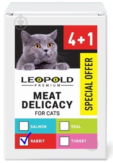Корм влажный Леопольд мясной деликатес с кроликом для кошек (акция 4+1) 500 г - фото 1 Корм влажный Леопольд мясной деликатес с кроликом для кошек (акция 4+1) 500 г - фото 1