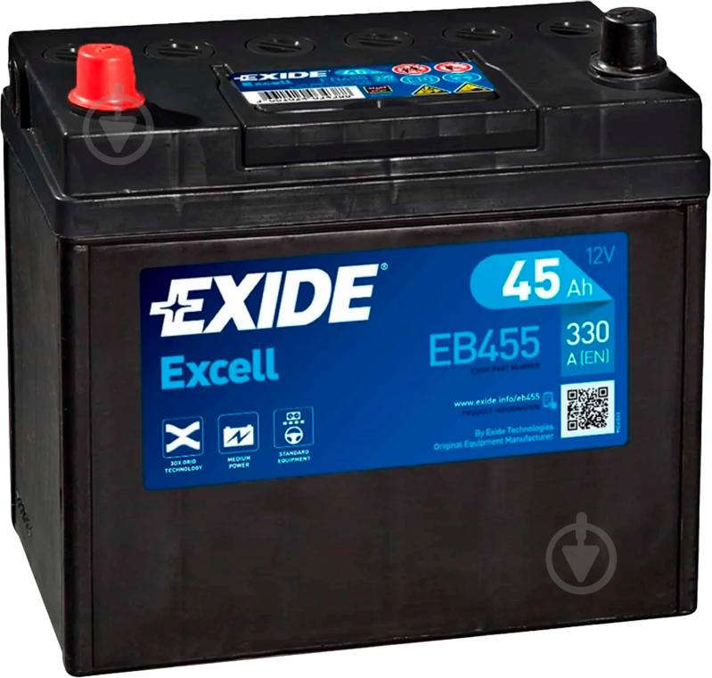 Аккумулятор автомобильный EXIDE Excell 6СТ Аз ASIA 45Ah 330A 12V «+» слева (EB455) - фото 1