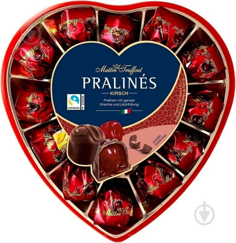 Конфеты Gullon Maitre Truffout Pralines Красное сердце черный шоколад с вишней и ликером 4% 140 г (9002859057106) - фото 1