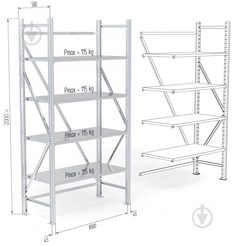 Стеллаж 2000x1000x500 мм STOREHOUSE серый металл полки 4 шт. цинкованный - фото 2