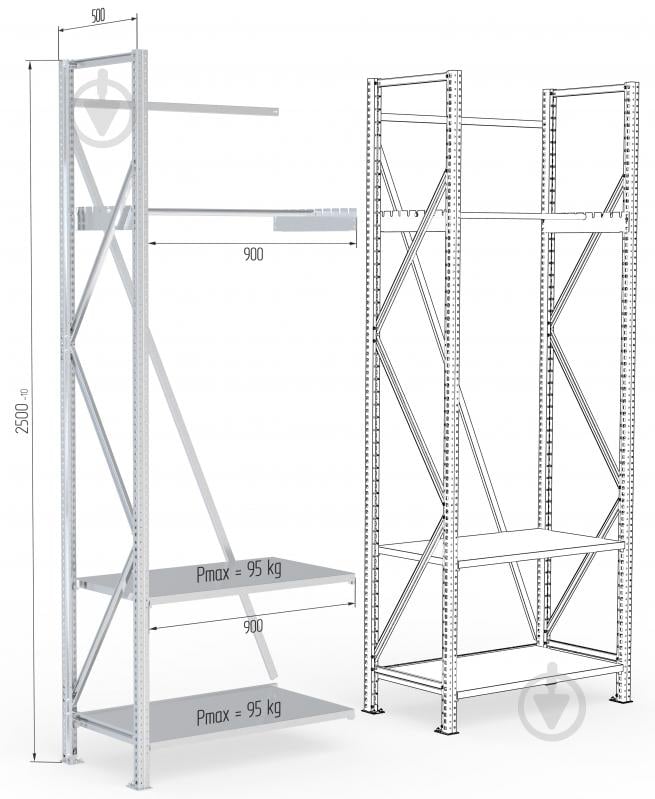 Стелаж пристінний 2500x900x500 мм STOREHOUSE сірий метал полиці 2 шт. цинкований - фото 2