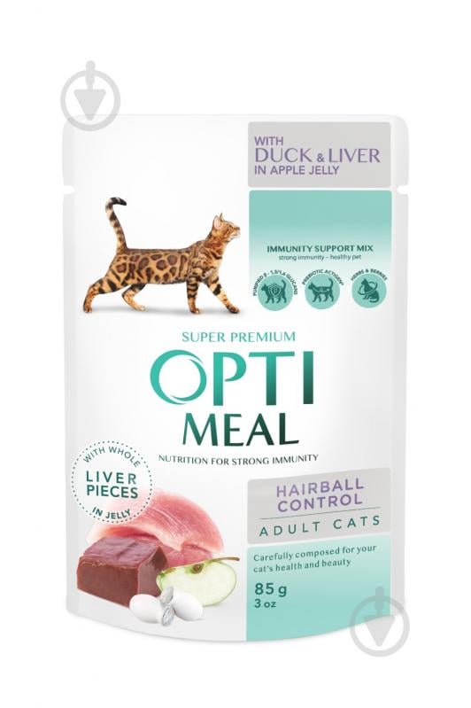 Корм Optimeal с эффектом выведения шерсти, с уткой и кусками печени в яблочном желе 85 г - фото 1