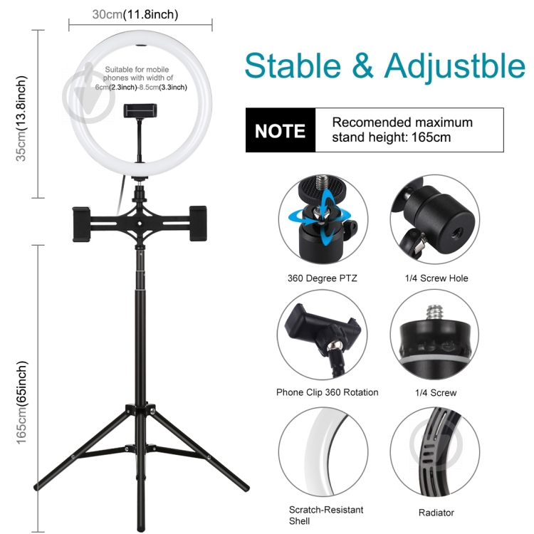 Кільцеве світло Puluz PKT3062B 11.8" + штатив 1.65 м - фото 2