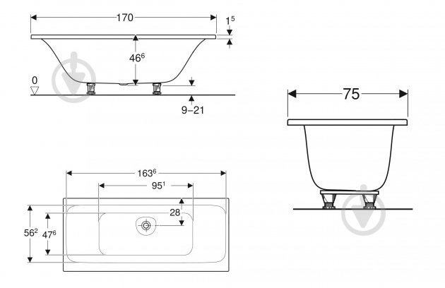 Ванна акрилова Geberit Tawa Slim Duo 554.123.01.1 170х75 см - фото 2