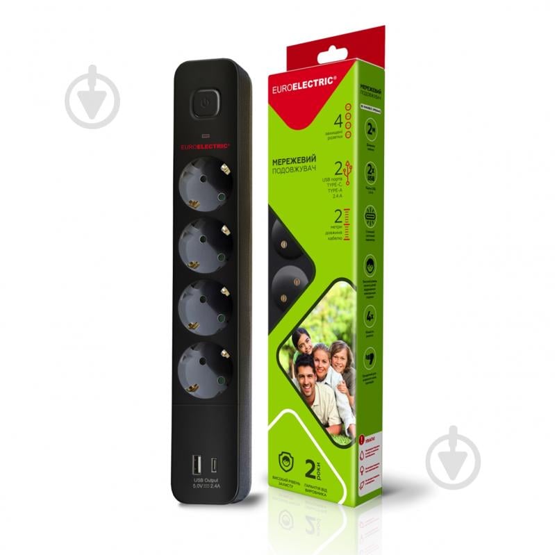 Подовжувач з вимикачем Euroelectric із заземленням 4 гн. чорний 2 м EE-104USB/C-2M(black) - фото 1 Подовжувач з вимикачем Euroelectric із заземленням 4 гн. чорний 2 м EE-104USB/C-2M(black) - фото 1