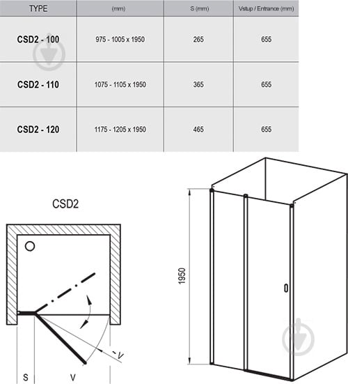 Душові двері CSD2-100 bright alu+Transparent_ - фото 3