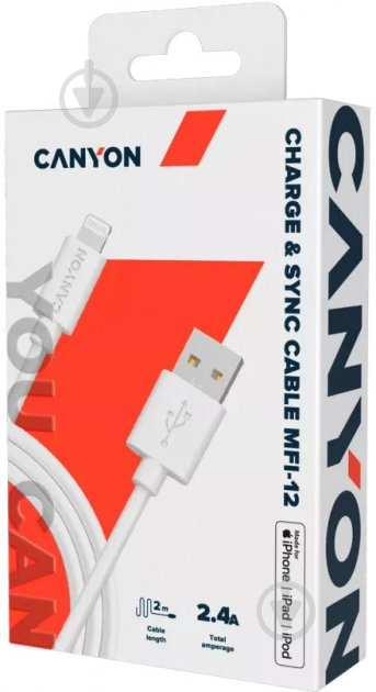 Кабель Canyon MFI-12 Lightning - USB 2 м white (CNS-MFIC12W) - фото 2