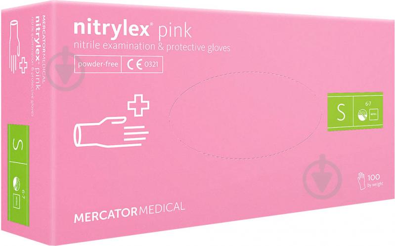 Рукавички медичні Mercator Medical Nitrylex Pink нітрилові нестерильні неприпудренні S рожеві 100 шт./уп. - фото 1