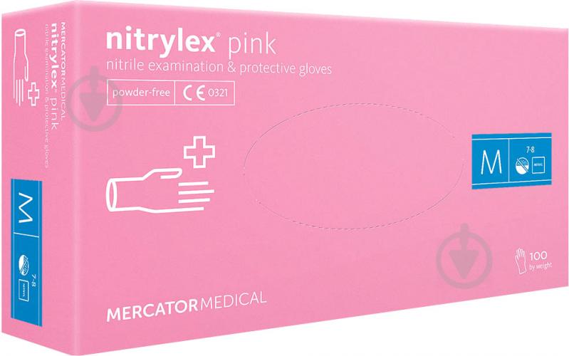 Рукавички медичні Mercator Medical Nitrylex Pink нітрилові нестерильні неприпудренні M рожеві 100 шт./уп. - фото 1