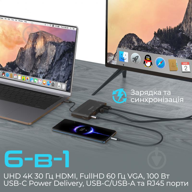 USB-хаб Promate 6-в-1 MediaHub-C6 HDMI/VGA/USB-C PD/USB-C/USB-A 3.0/RJ45 - фото 2