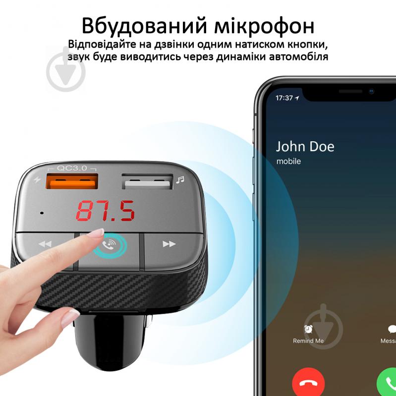 FM-трансмітер Promate SmarTune-2+ Bluetooth 5.0 USB QC 3.0 AUX/SD/USB Black - фото 4