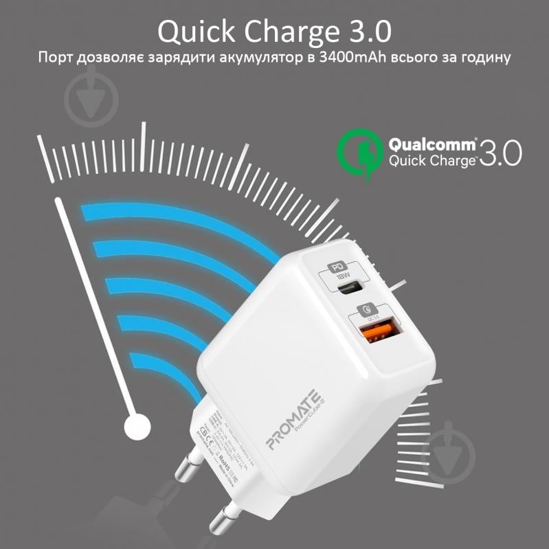 Зарядное устройство Promate PowerCube-2 18Вт Type-C PD + USB QC3.0 White - фото 4