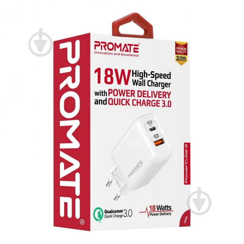 Зарядное устройство Promate PowerCube-2 18Вт Type-C PD + USB QC3.0 White - фото 7