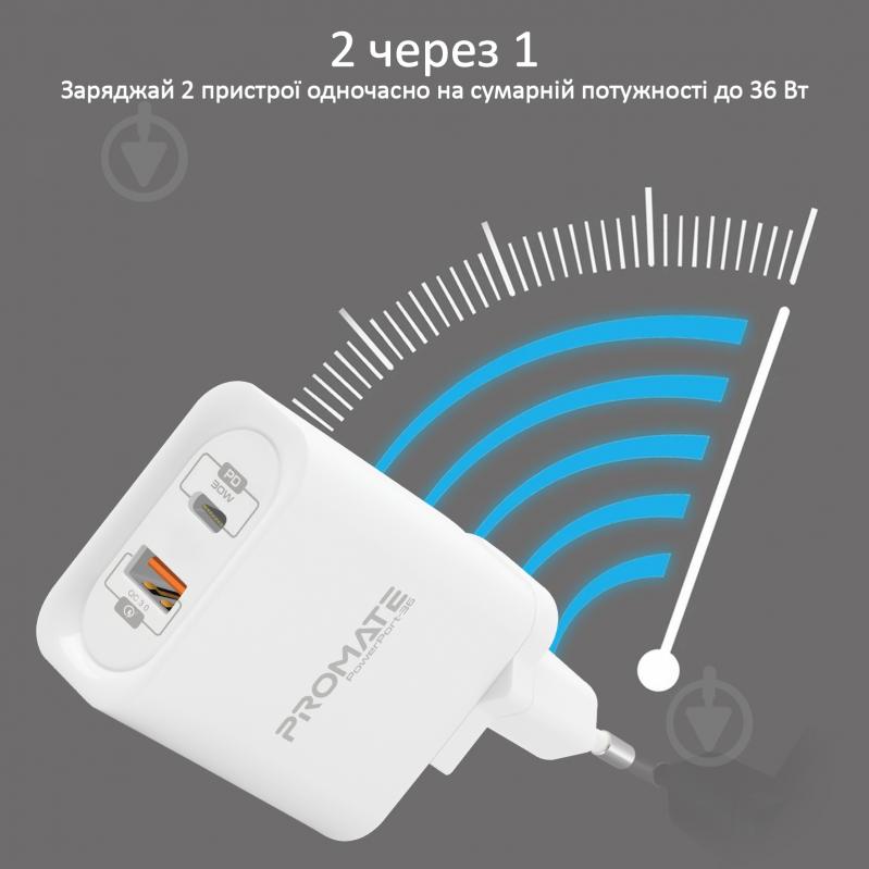 Зарядное устройство Promate PowerPort-36 36Вт Type-C PD + USB QC3.0 White - фото 2