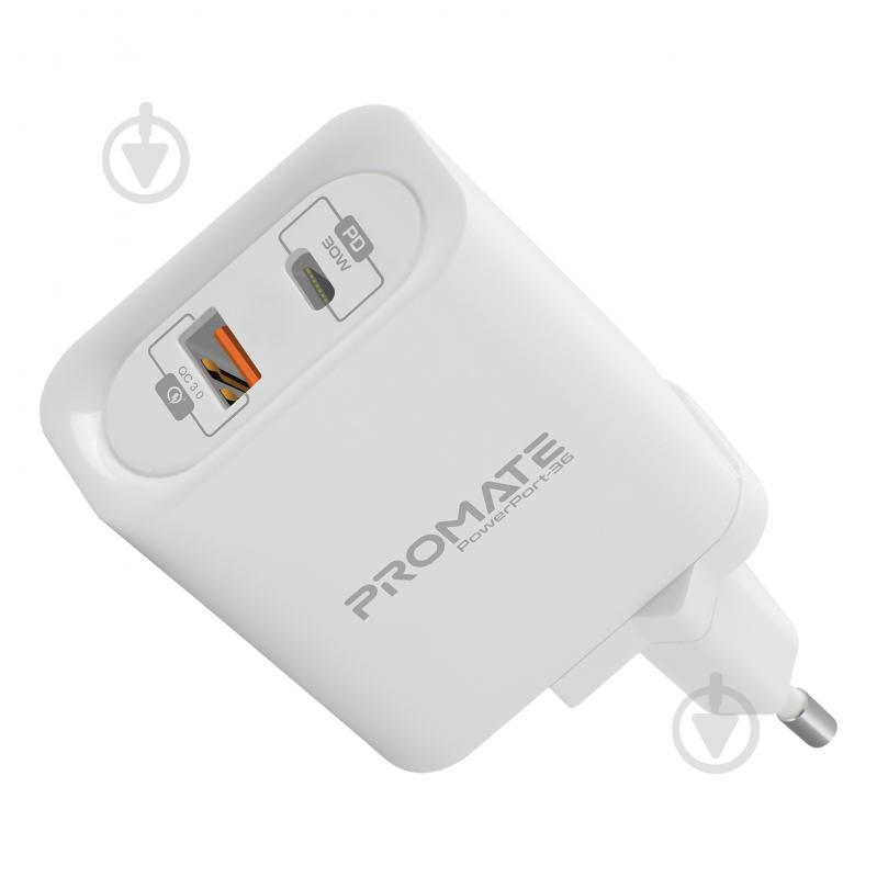 Зарядное устройство Promate PowerPort-36 36Вт Type-C PD + USB QC3.0 White - фото 1