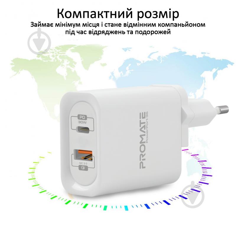 Зарядное устройство Promate PowerPort-36 36Вт Type-C PD + USB QC3.0 White - фото 6