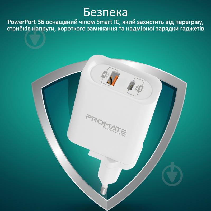 Зарядное устройство Promate PowerPort-36 36Вт Type-C PD + USB QC3.0 White - фото 5