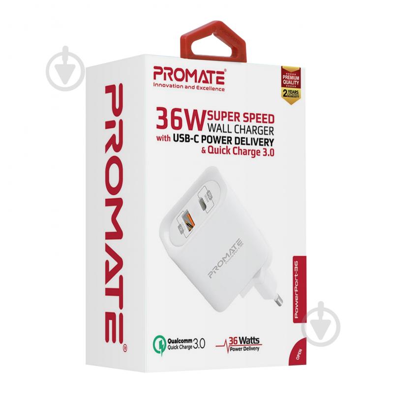 Зарядное устройство Promate PowerPort-36 36Вт Type-C PD + USB QC3.0 White - фото 7